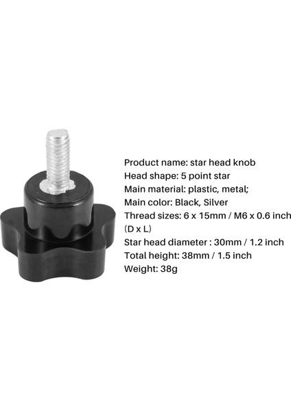 M6 x 15MM Erkek Dişli Vida Yıldız Başlı Kilitleme Vidası Kolu Siyah 2 Adet (Yurt Dışından)