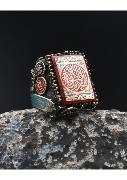 Özel Tasarım Mineli Kelime-I Tevhid ve Allah ve Muhammed Yazılı Gümüş Erkek Yüzük 901788