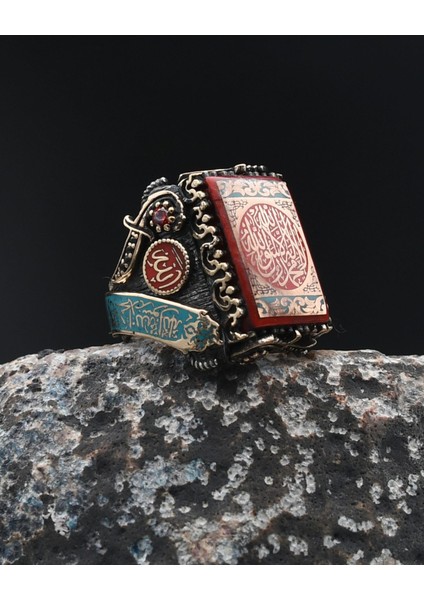 Özel Tasarım Mineli Kelime-I Tevhid ve Allah ve Muhammed Yazılı Gümüş Erkek Yüzük 901788 fiyatları