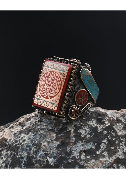 Özel Tasarım Mineli Kelime-I Tevhid ve Allah ve Muhammed Yazılı Gümüş Erkek Yüzük 901788 modelleri