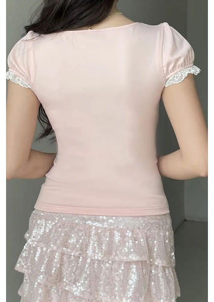 Pembe Dantel Detaylı Kare Yaka Kısa Kollu Crop