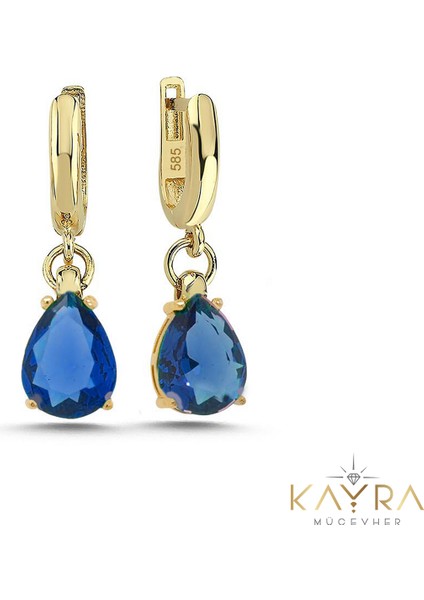 Mavi Topaz Damla Taşlı Altın Küpe AHK19