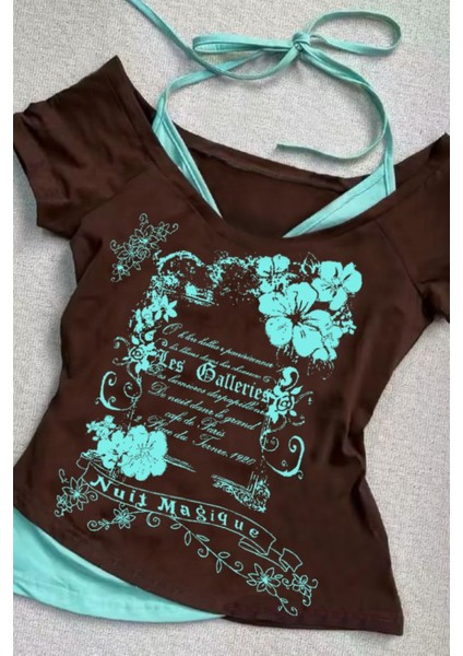 Kahverengi Nuit Magique Madonna Yaka Ek Askılı Kısa Kollu Full Body Crop