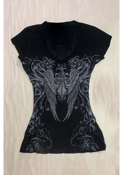 Siyah Vintage Gotik Wing Kısa Y2K Kollu Crop