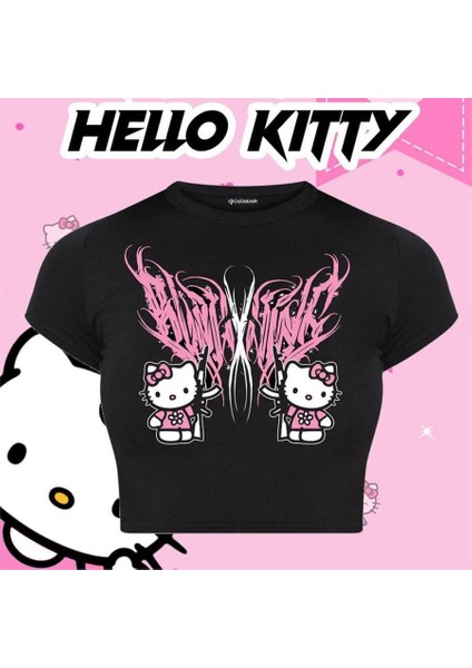 Siyah Gothic Hello Kitty Militant Yarım T-Shirt