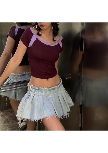 Mürdüm Kayık Yaka Basic Kısa Kollu Crop