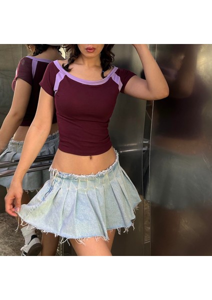 Mürdüm Kayık Yaka Basic Kısa Kollu Crop