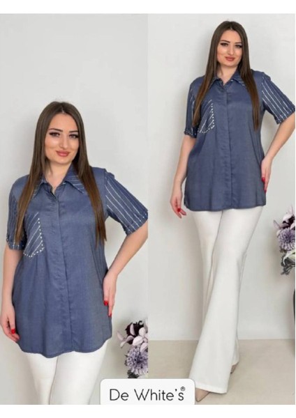 Büyük Beden Kol ve Cep Kısmı Çakım Taş Detaylı Gömlek