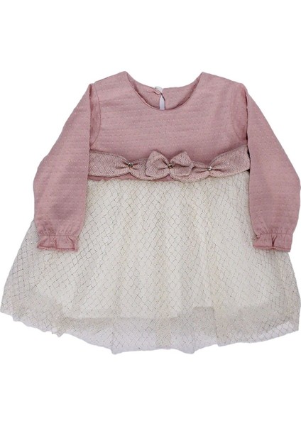 Kız Bebek Pudra Ekru Tüllü Taşlı Fiyonklu Elbise - 1013990