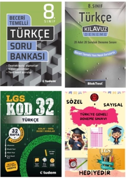 Tudem Yayınları Lgs Türkçe Beceri Temelli Soru Bankası - Türkçe Klavuz Deneme - Türkçe Kod 32 Deneme - Hediye