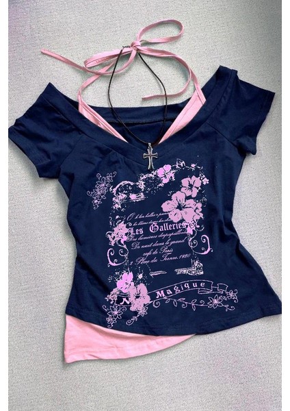 Lacivert-Pembe Double Nuit Magique Madonna Yaka Ek Askılı Kısa Kollu Full Body Crop