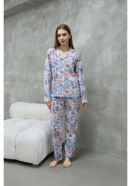 Pamuklu Düğmeli Gömlek Yakalı Pijama Takımı