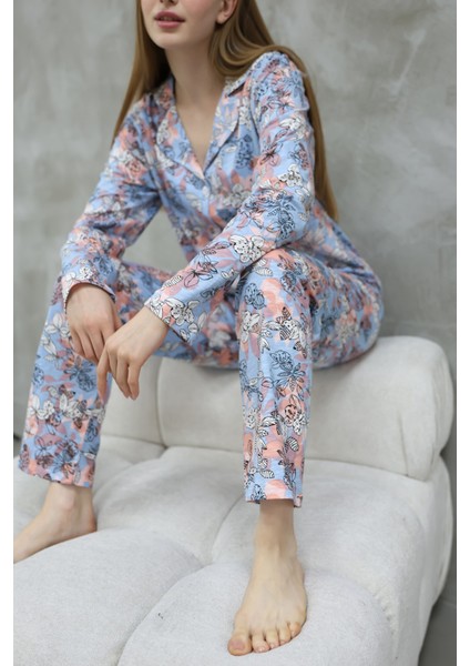 Pamuklu Düğmeli Gömlek Yakalı Pijama Takımı