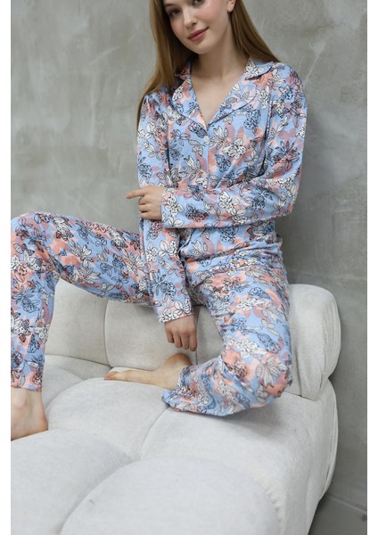 Pamuklu Düğmeli Gömlek Yakalı Pijama Takımı