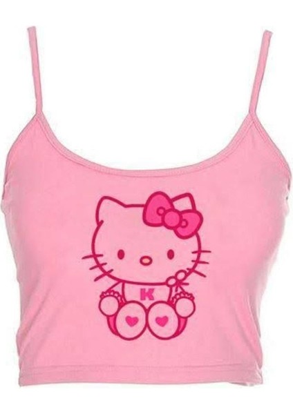 Pembe Hello Kitty Baskılı Askılı Çocuk Crop