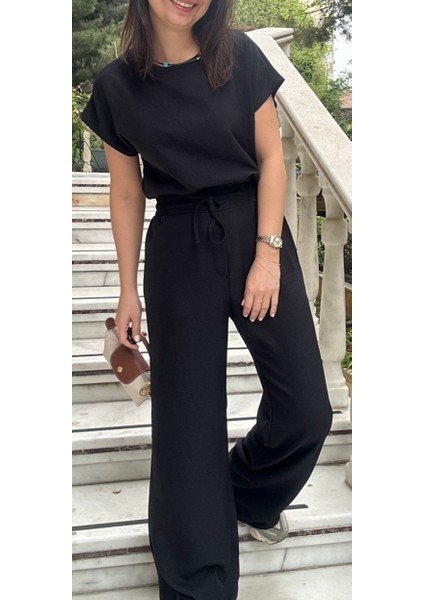 Kadın Siyah Crop Üst Pantolon Takım