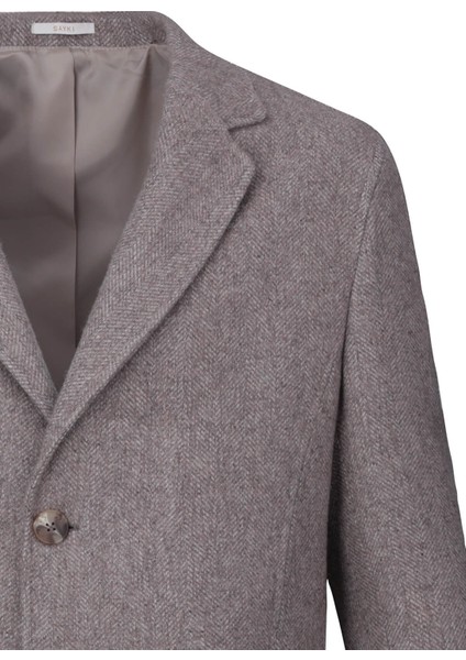Kahverengi Slim Fit Ceket Yaka Yünlü Kaşe Palto