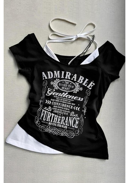 Siyah Admirable Madonna Yaka Ek Askılı Gotik Y2K Kısa Kollu Full Body Crop