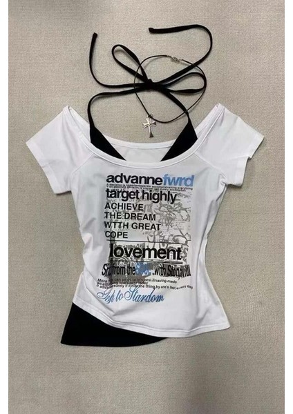 Beyaz Target Highly Lovement Madonna Yaka Ek Askılı Kısa Kollu Full Body Crop