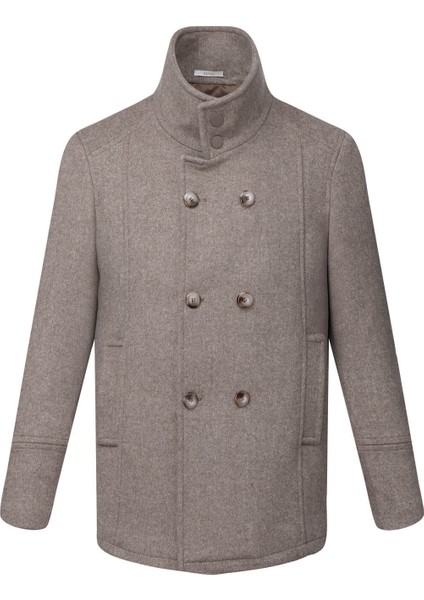 Kahverengi Slim Fit Kruvaze Yünlü Kaşe Kaban