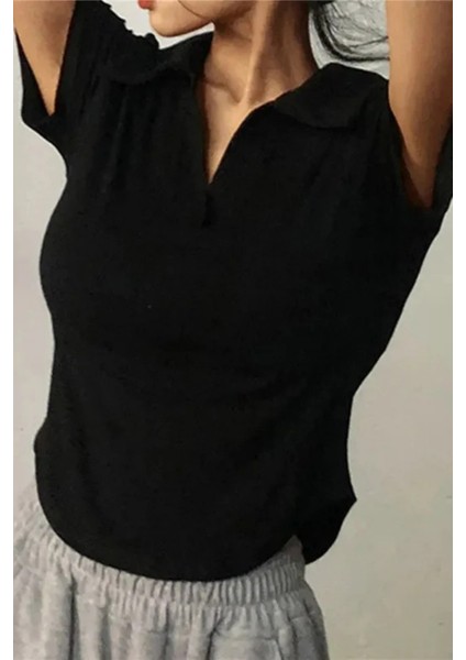 Siyah Oval Kesim V Polo Yaka Kısa Kollu Crop