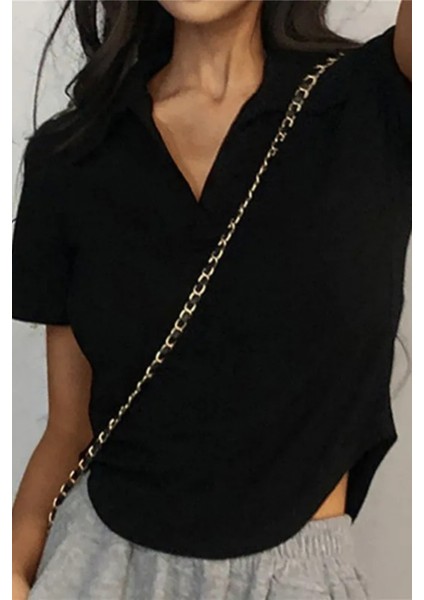 Siyah Oval Kesim V Polo Yaka Kısa Kollu Crop fiyatları