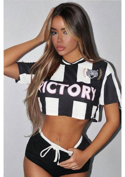 Siyah Çizgili Victory Forma Crop