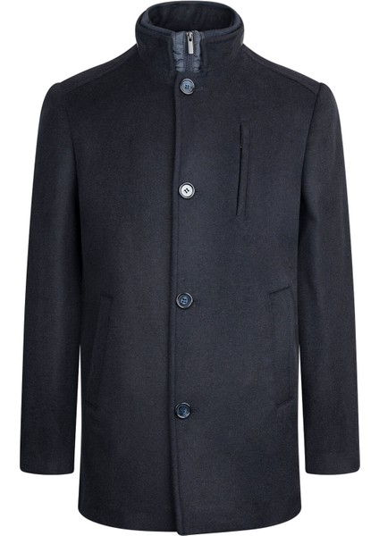 Lacivert Slim Fit Hakim Yaka Yünlü Basic Palto