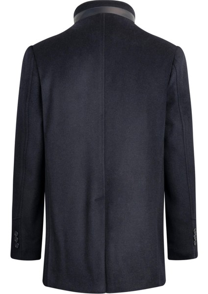 Lacivert Slim Fit Hakim Yaka Yünlü Basic Palto
