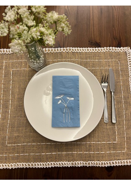 Gümüş Yaldızlı Mavi Havuç Çiçeği Peçete 16 Adet