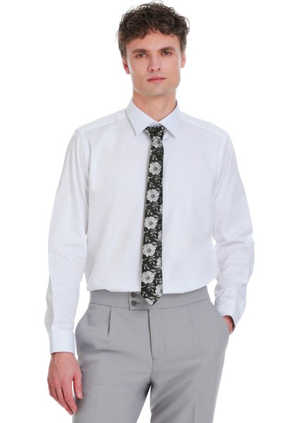 Beyaz Klasik Fit Pamuklu Slim Yaka Uzun Kollu Saten Gömlek