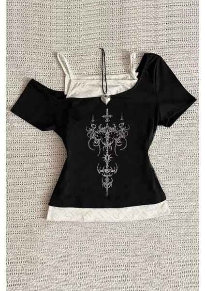Siyah Gothic Cross Pattern Madonna Yaka Ek Askılı Kısa Kollu Full Body Crop