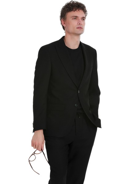 Siyah Slim Fit Sivri Yaka Klasik Takım Elbise