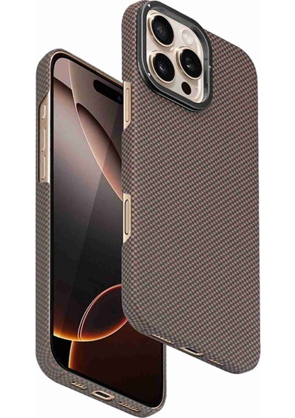 iPhone 16 Pro Max Uyumlu Manyetik Şarj Özellikli Lens Standlı Kevlar Telefon Kılıfı