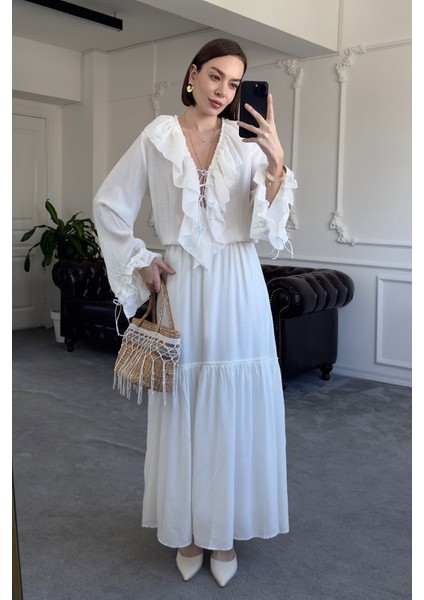 Fırfırlı Özel Tasarım Elbise- Beyaz