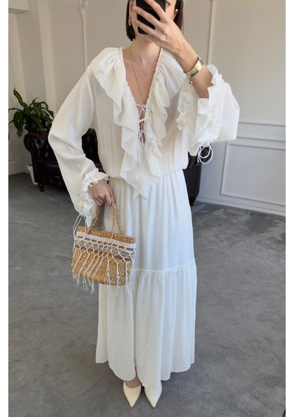 Fırfırlı Özel Tasarım Elbise- Beyaz modelleri