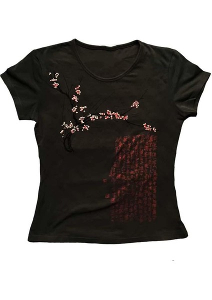 Siyah Japanese Sakura Tree Gotik Y2K Kısa Kollu Crop