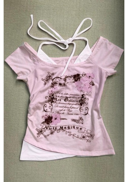 Pembe Nuit Magique Madonna Yaka Ek Askılı Kısa Kollu Full Body Crop