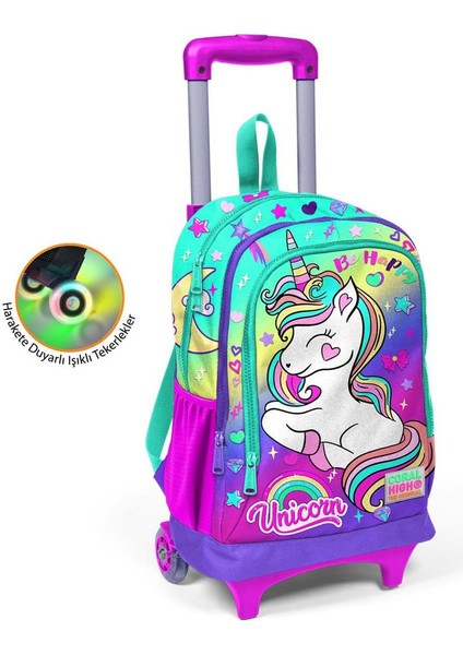 Unicorn Desenli Işıklı Tekerlek Lavanta Çekçekli Sırt ve Okul Çantası 23929