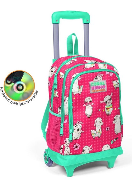 Kids Neon Mercan Su Yeşili Alpaka Desenli Üç Bölmeli Çekçekli Okul Sırt Çantası 23364