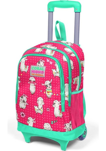 Kids Neon Mercan Su Yeşili Alpaka Desenli Üç Bölmeli Çekçekli Okul Sırt Çantası 23364