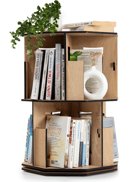 360 Derece Dönebilir Ahşap Kitaplık 2 Katlı Meşe-DK20M