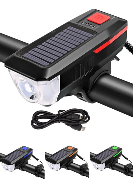 Güneş Enerjili 3 LED Far Moduna Sahip Bisiklet Ön Lambası Su Geçirmez Zil USB Şarj Edilebilir Korna