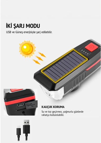 Güneş Enerjili 3 LED Far Moduna Sahip Bisiklet Ön Lambası Su Geçirmez Zil USB Şarj Edilebilir Korna