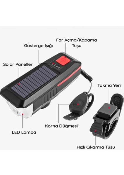 Güneş Enerjili 3 LED Far Moduna Sahip Bisiklet Ön Lambası Su Geçirmez Zil USB Şarj Edilebilir Korna
