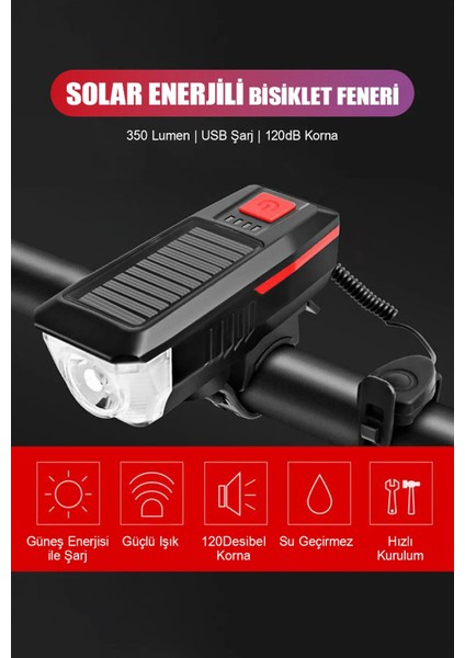Güneş Enerjili 3 LED Far Moduna Sahip Bisiklet Ön Lambası Su Geçirmez Zil USB Şarj Edilebilir Korna
