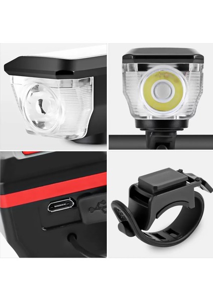 Güneş Enerjili 3 LED Far Moduna Sahip Bisiklet Ön Lambası Su Geçirmez Zil USB Şarj Edilebilir Korna