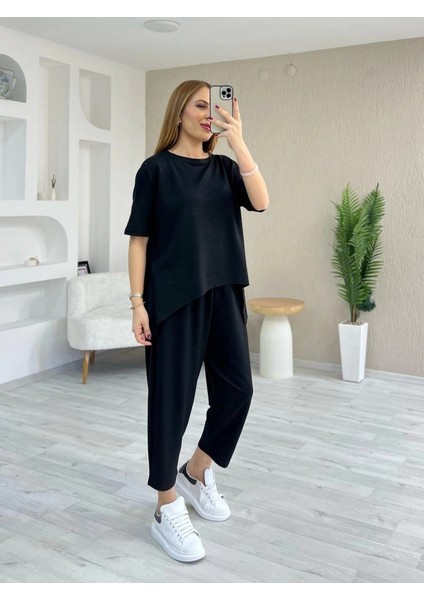 Kadın Kısa Kollu Bisiklet Yaka Viskon Iki Iplik Bluz ve Pantolon Ikili Takım