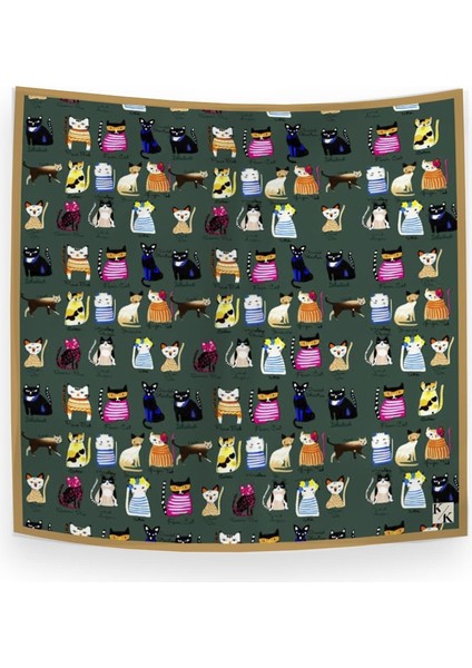 Yeşil Kediler Twill Saten Fular 57*57 cm
