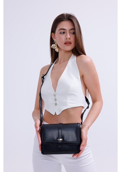 Siyah Retro 5 bölmeli Gold Tokalı Omuz Çantası